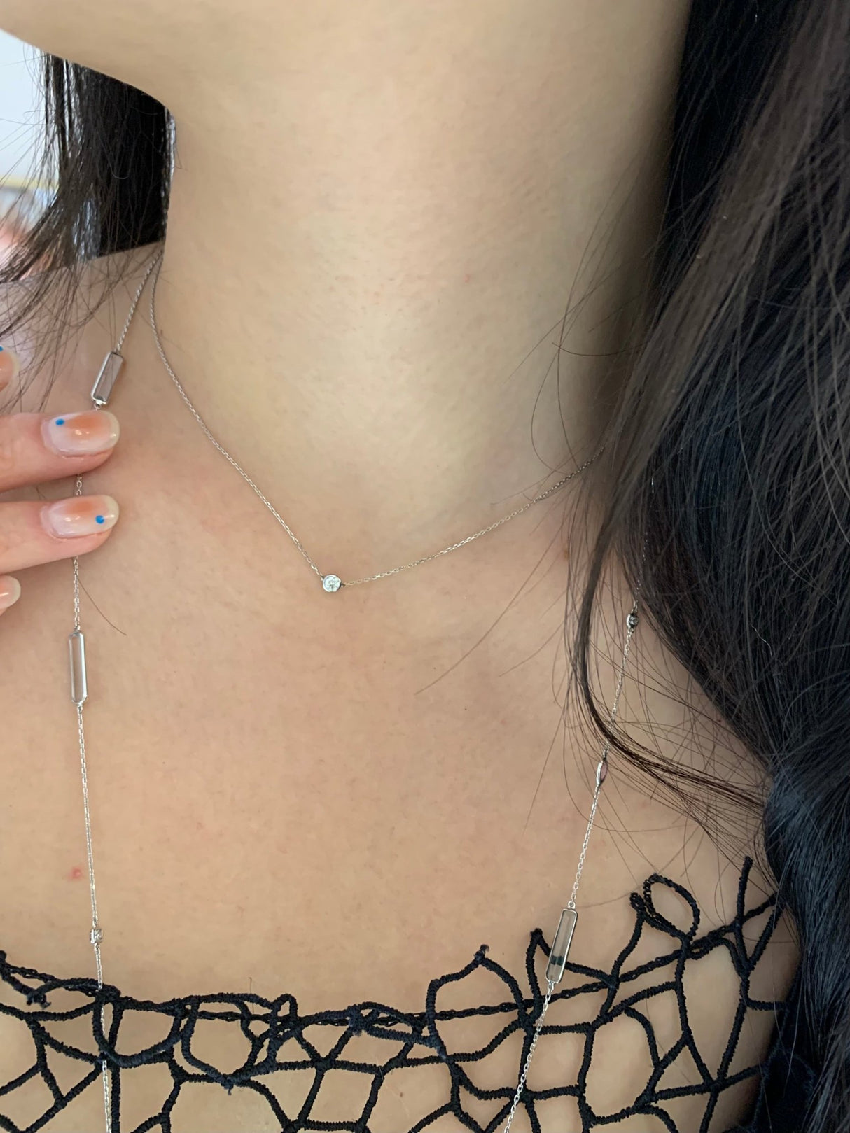 Platinum Diamond Button Necklace 18k gold handmade fine jewelry on model 2