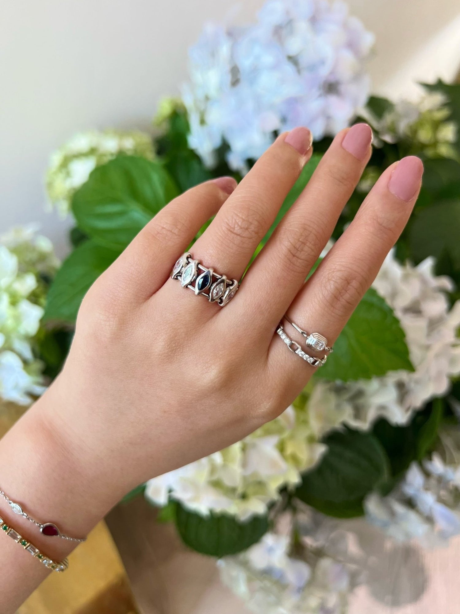 Platinum Diamond & Sapphire Marquise Orbit Ring PT900 Stackable ring on model