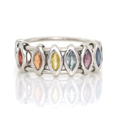 Platinum Rainbow Sapphire Marquise Orbit Ring PT900 Stackable ring