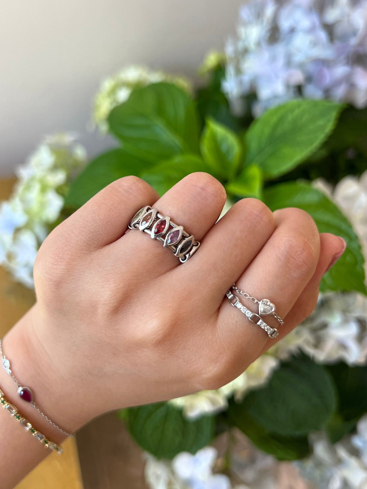 Platinum Rainbow Sapphire Marquise Orbit Ring PT900 Stackable ring on model 1