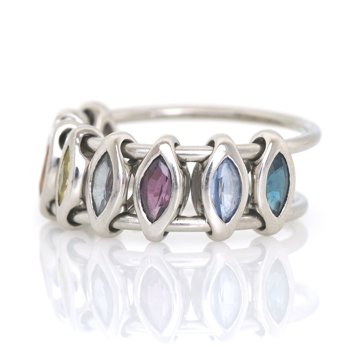 Platinum Rainbow Sapphire Marquise Orbit Ring PT900 Stackable ring side view