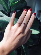 Purple Amethyst Heart Chain Ring 14k gold Stackable ring on model