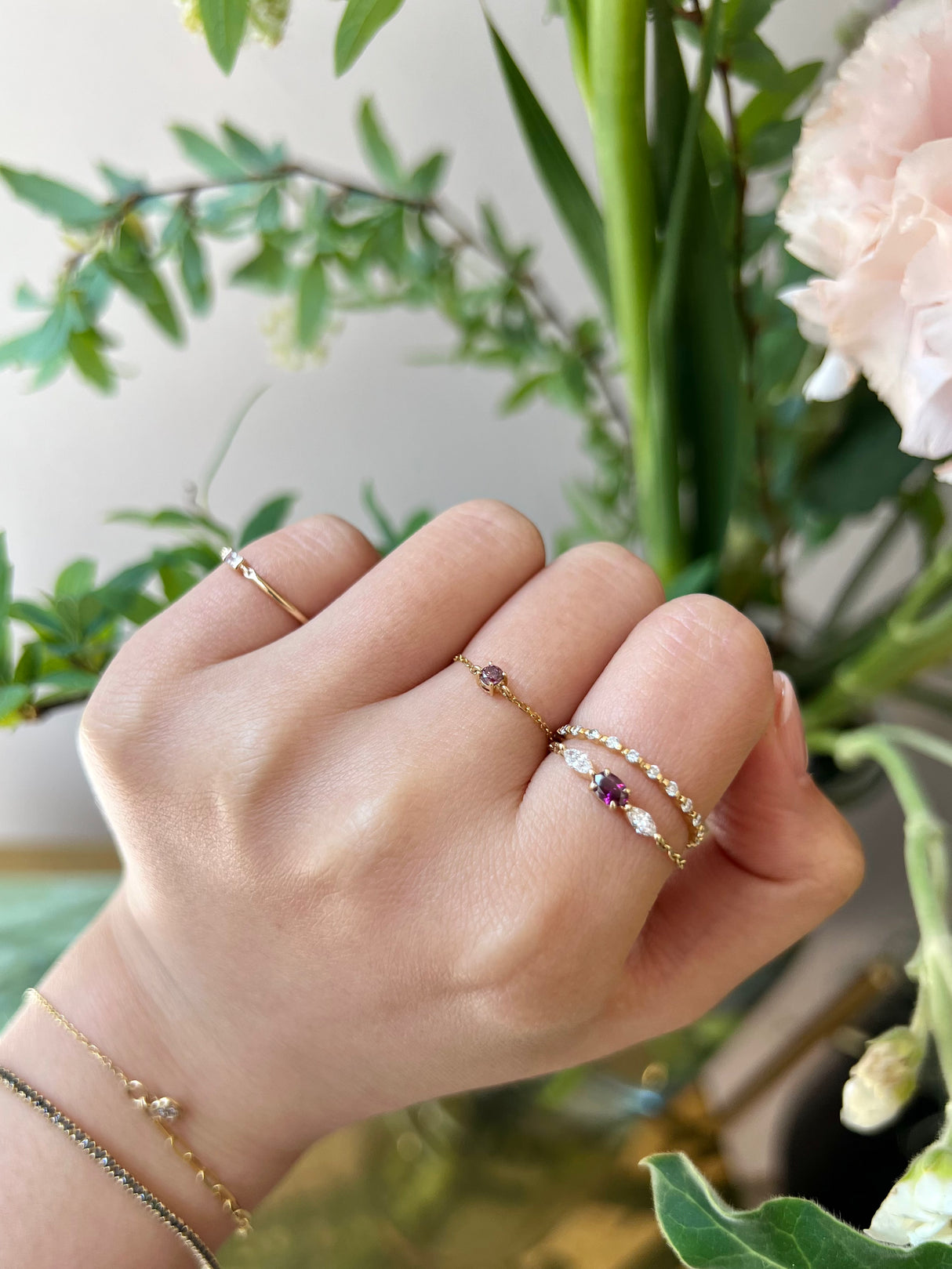 Purple Diamond Dream Weaver Chain Ring   18k gold Stackable ring on model