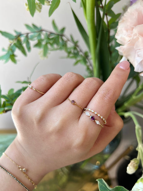 Purple Diamond Dream Weaver Chain Ring   18k gold Stackable ring on model