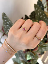 Purple Pink Spinel Petite Circle Diamond Ring 18k gold stackable ring on model 2