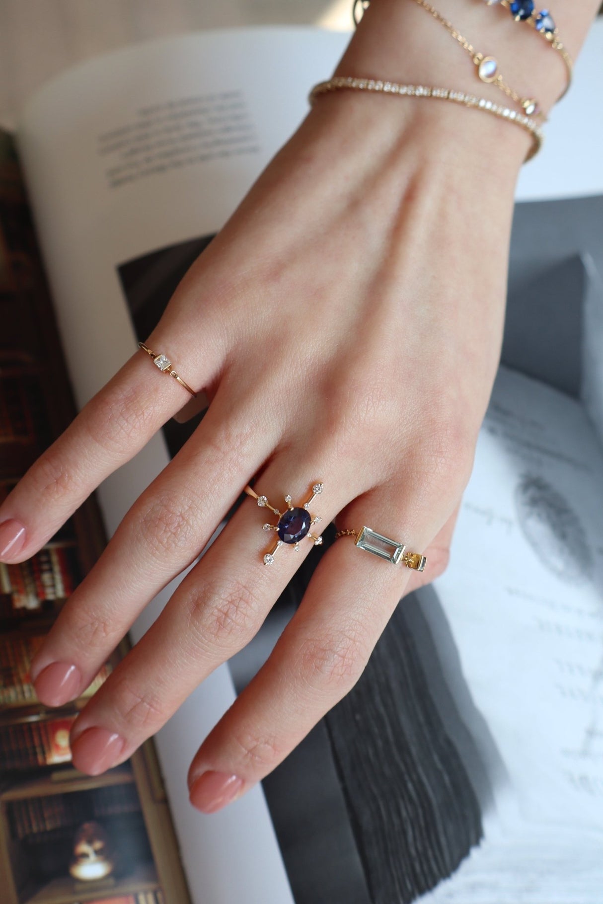 Purple Sapphire Starburst Ring  18K engagement ring on model