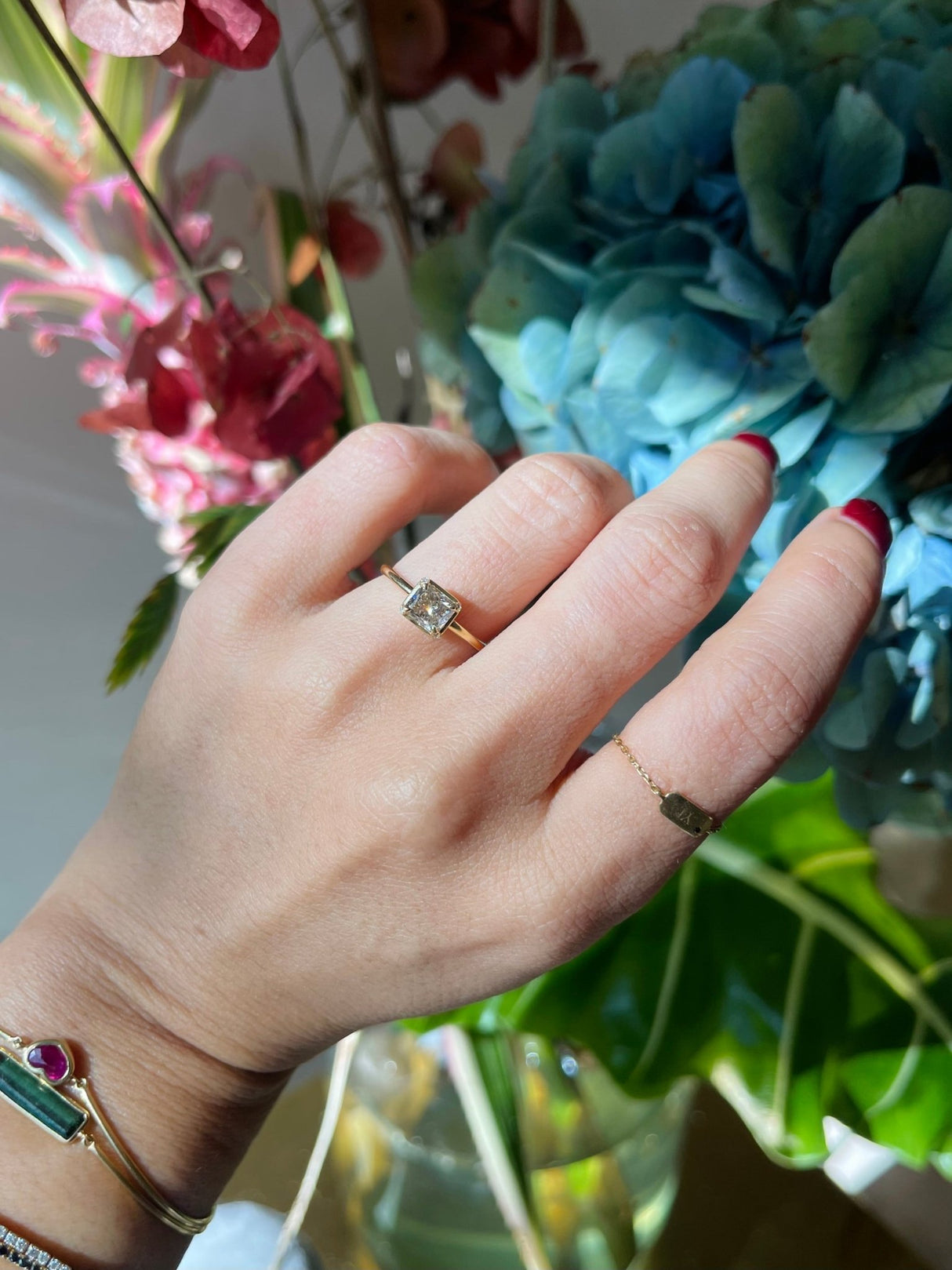 Radiant Champagne Diamond Compass Ring 18k gold engagement ring on model