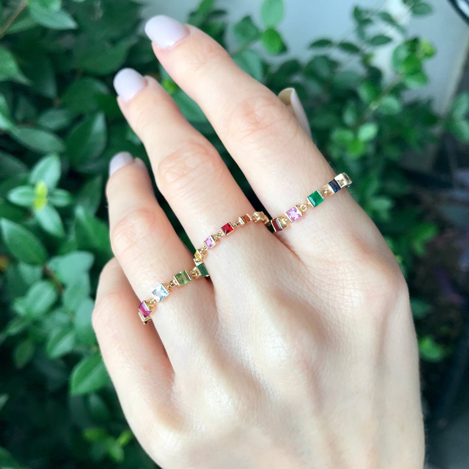 Rainbow Stones Chain Ring 14k gold Stackable ring on model