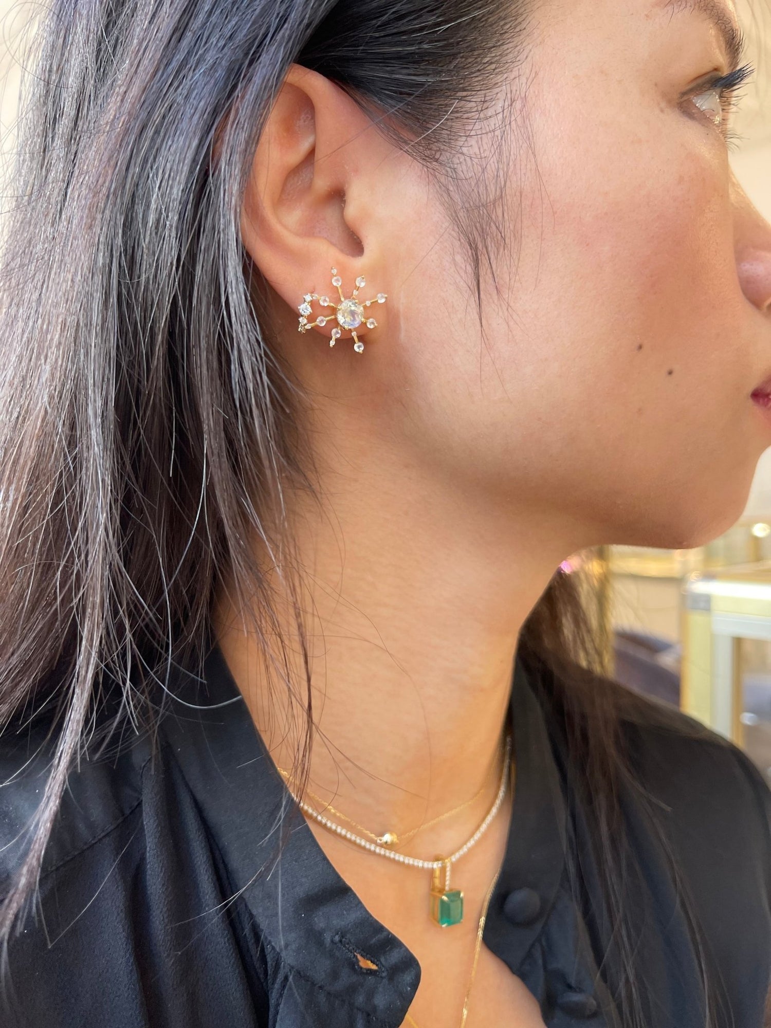 Rainbow Moonstone & Diamond Starburst Earrings