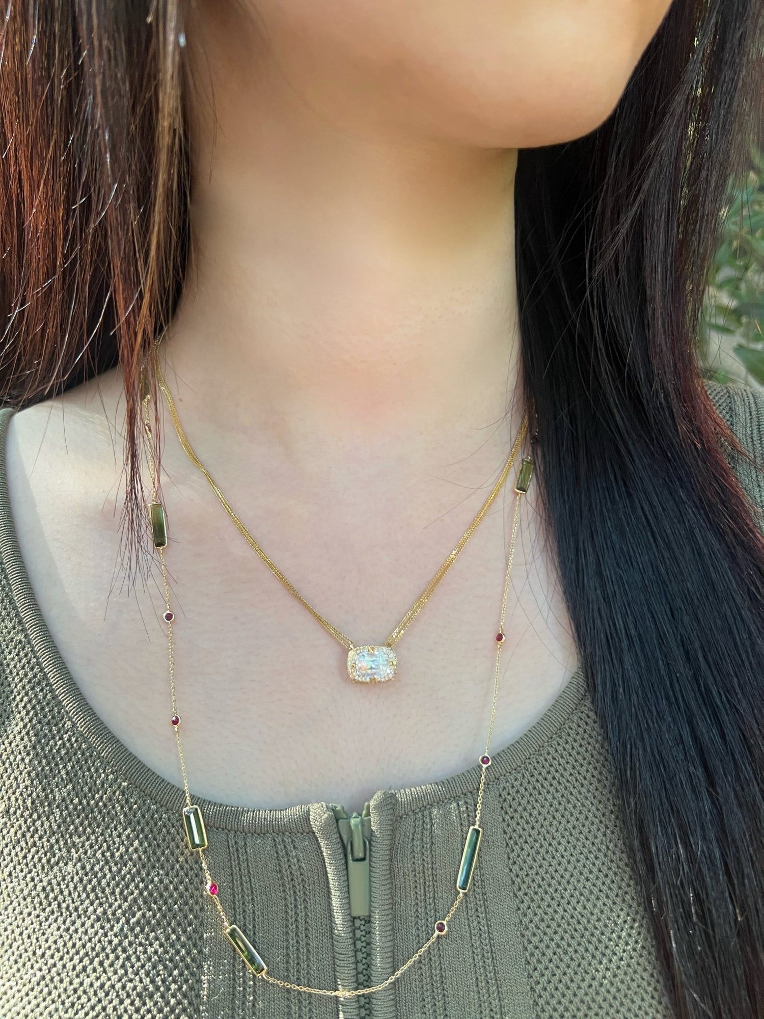 Rainbow Moonstone Aurora Necklace 18k gold Handmade fine jewelry on model