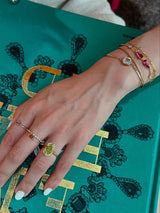 Rainbow Moonstone Bar Bangle 18k gold stackable design on model 2