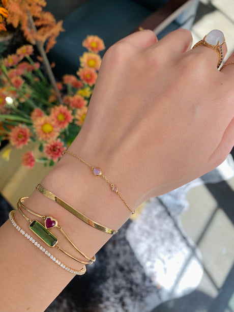 Rainbow Moonstone Bubble Bracelet 18k gold stackable design on model