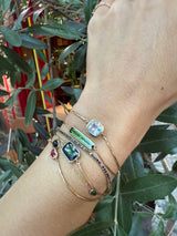 Rainbow Moonstone Cushion Bangle 14k gold handmade fine jewelry on model