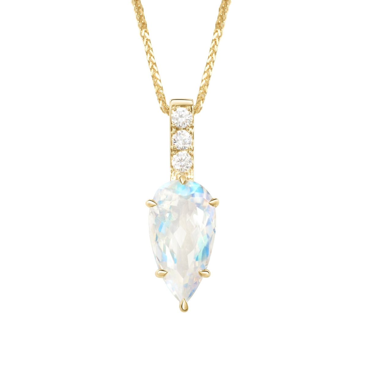 Rainbow Moonstone & Diamond Arrow Pendant Necklace 18K gold handmade fine jewelry