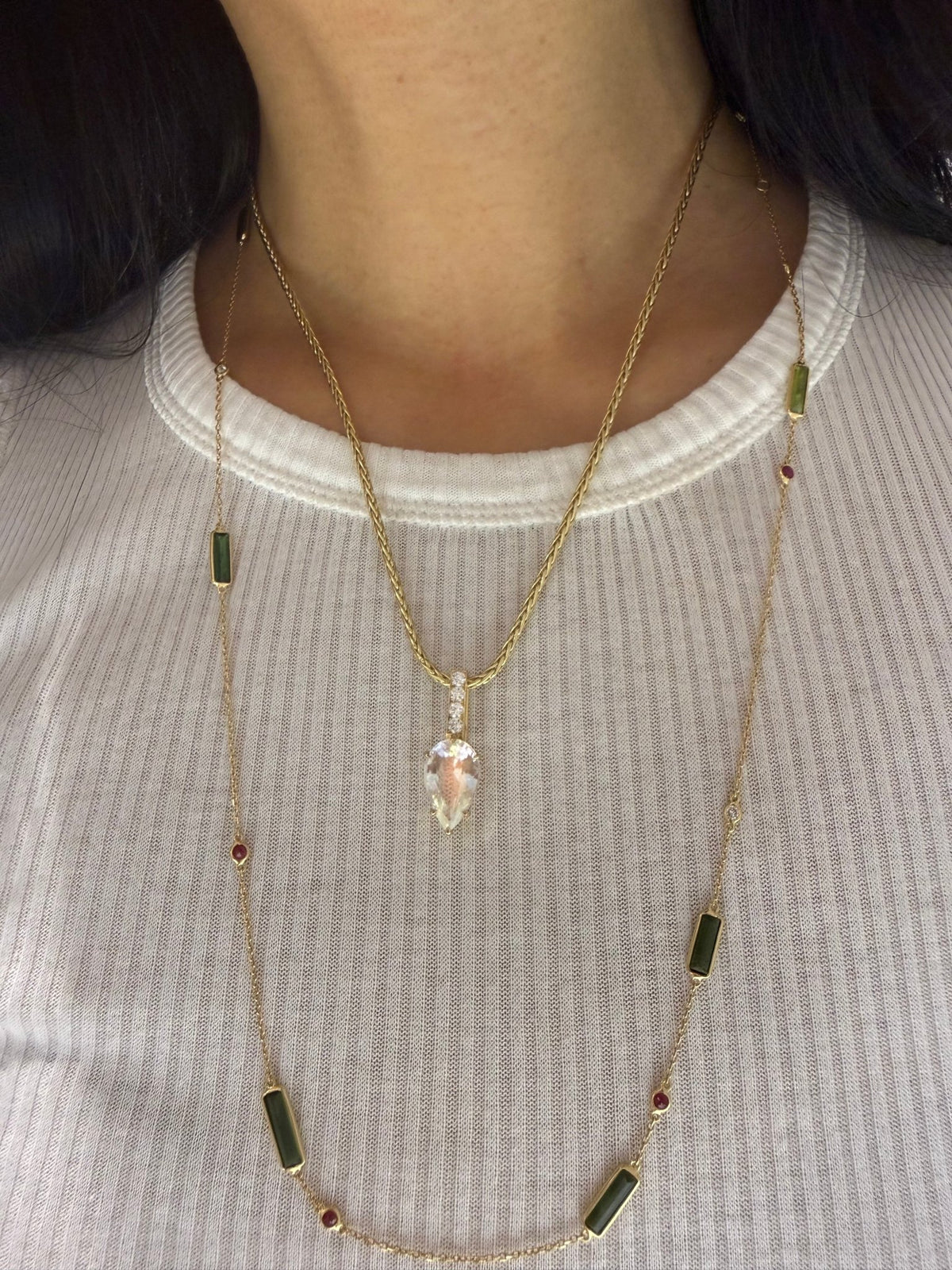Rainbow_Moonstone_Diamond_Dewdrop_Supreme_Pendant_Necklace_18k_gold_Handmade_fine_jewelry_on_model_1