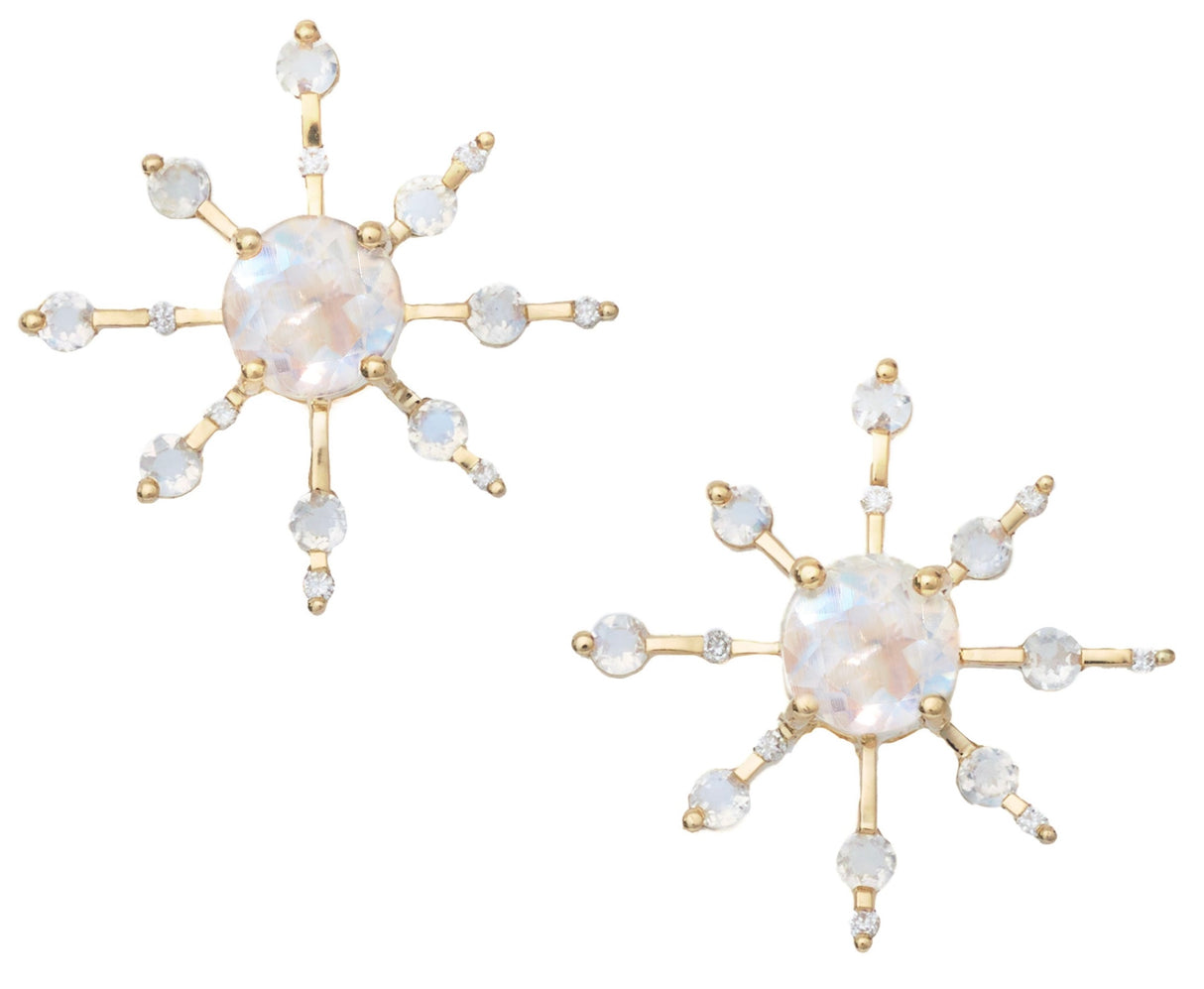Rainbow Moonstone & Diamond Starburst Earrings 18K Gold Handmade Fine Jewelry