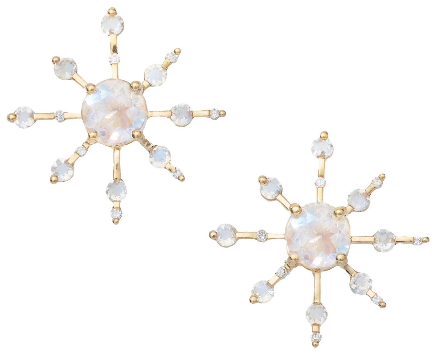 Rainbow Moonstone & Diamond Starburst Earrings 18K Gold Handmade Fine Jewelry