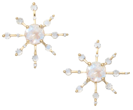 Rainbow Moonstone & Diamond Starburst Earrings 18K Gold Handmade Fine Jewelry