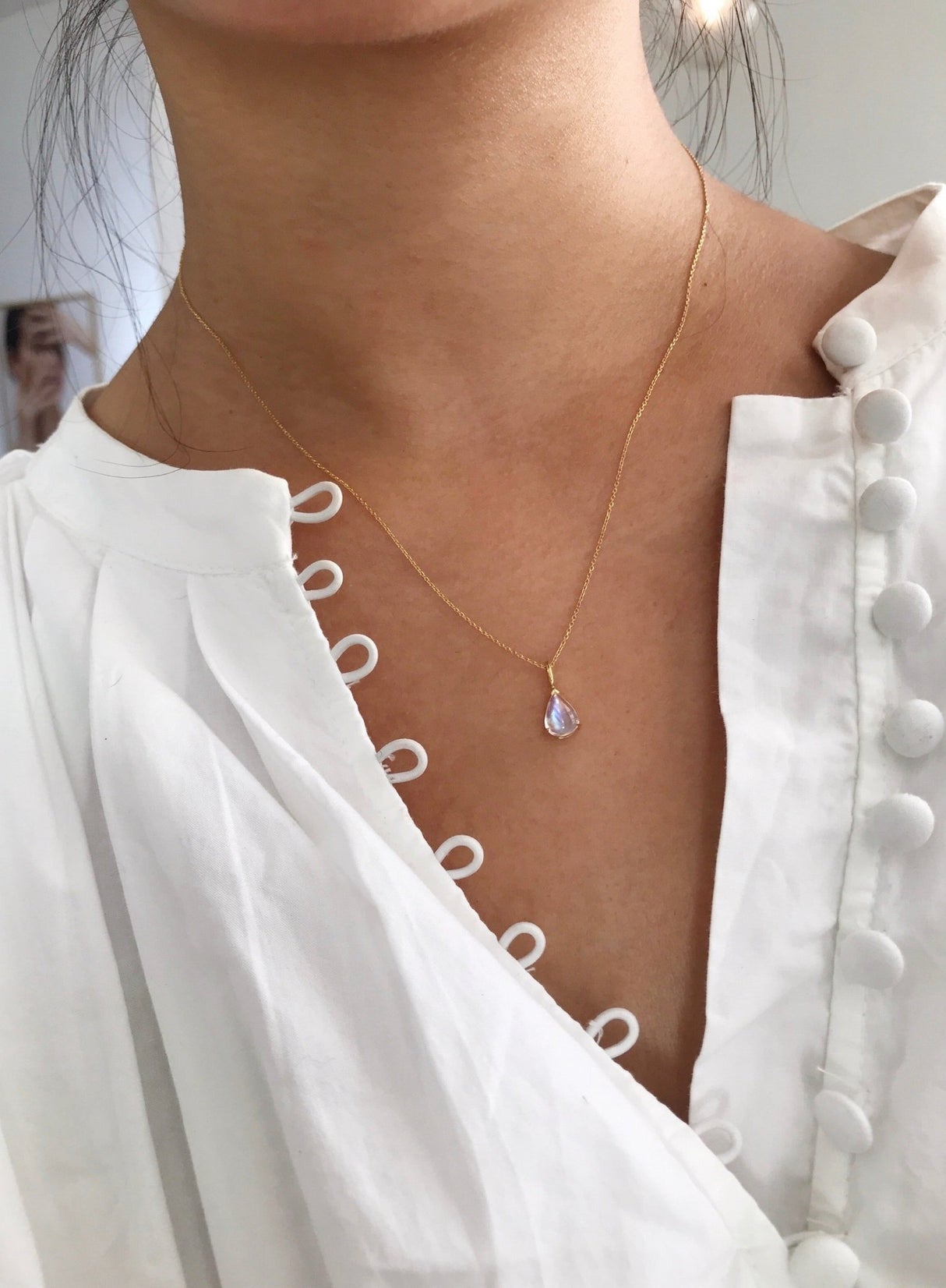 Rainbow Moonstones Necklace 18k gold handmade fine jewelry on model