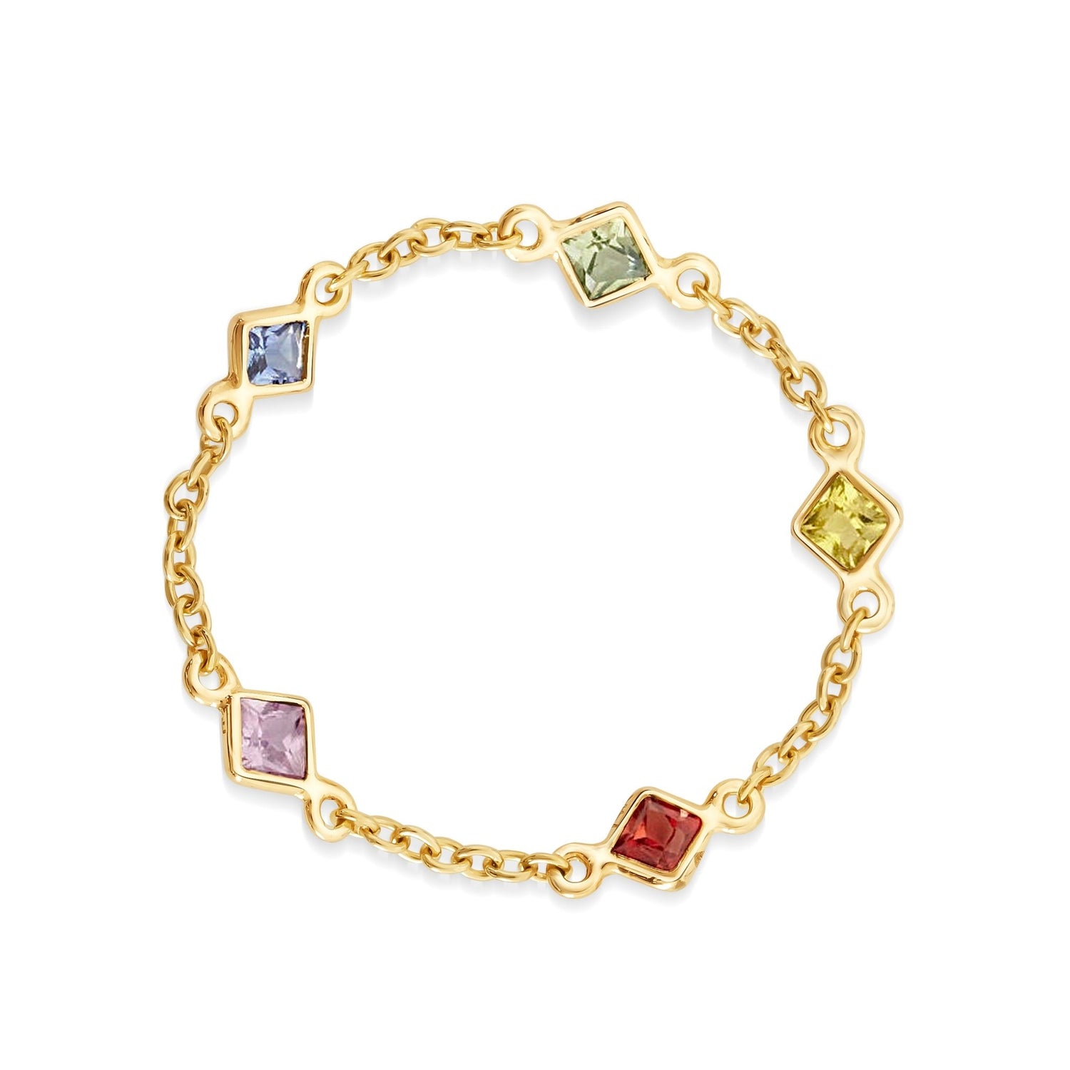 Rainbow Sapphire 5 Stone Chain Ring 14k gold Stackable ring top view
