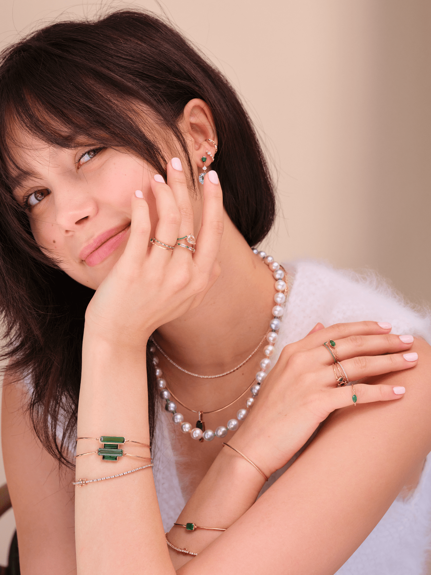 Rainbow Sapphire Akoya Candy Necklace 18K Gold Handmade Fine Jewelry on model-2