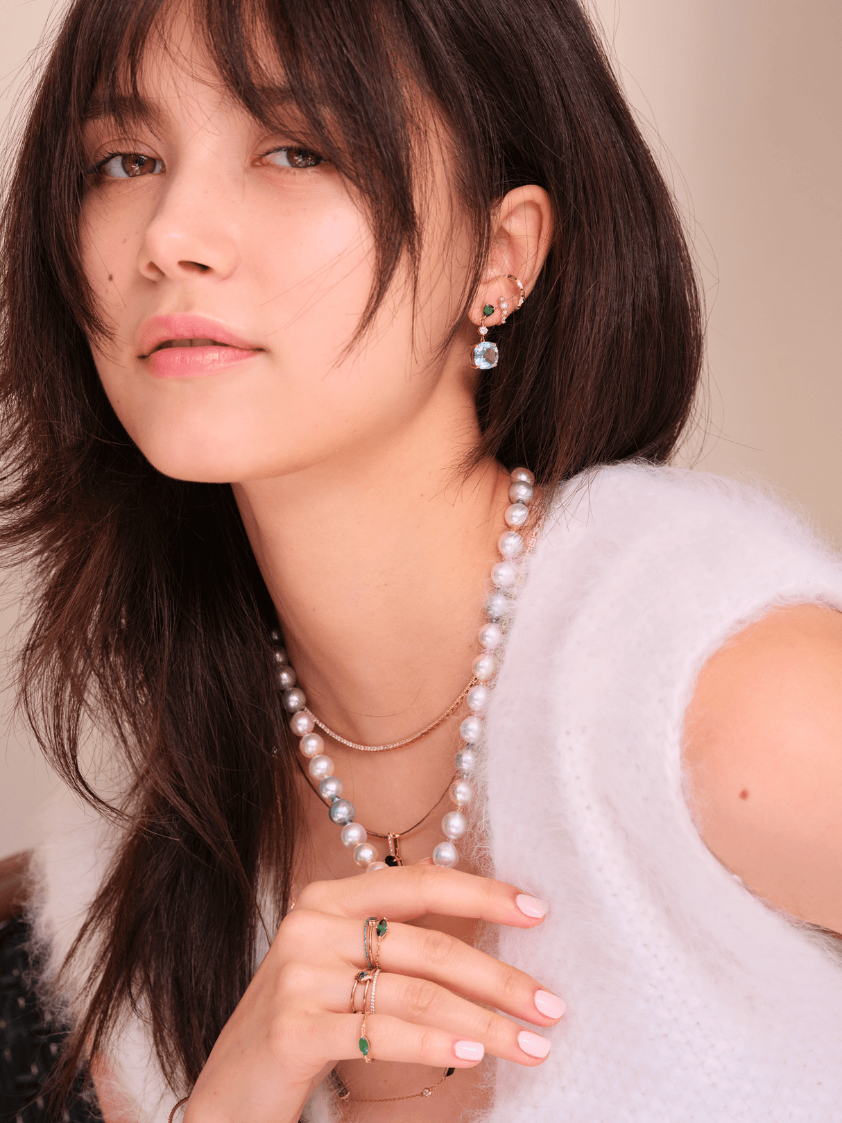 Rainbow Sapphire Akoya Candy Necklace 18K Gold Handmade Fine Jewelry on model-3