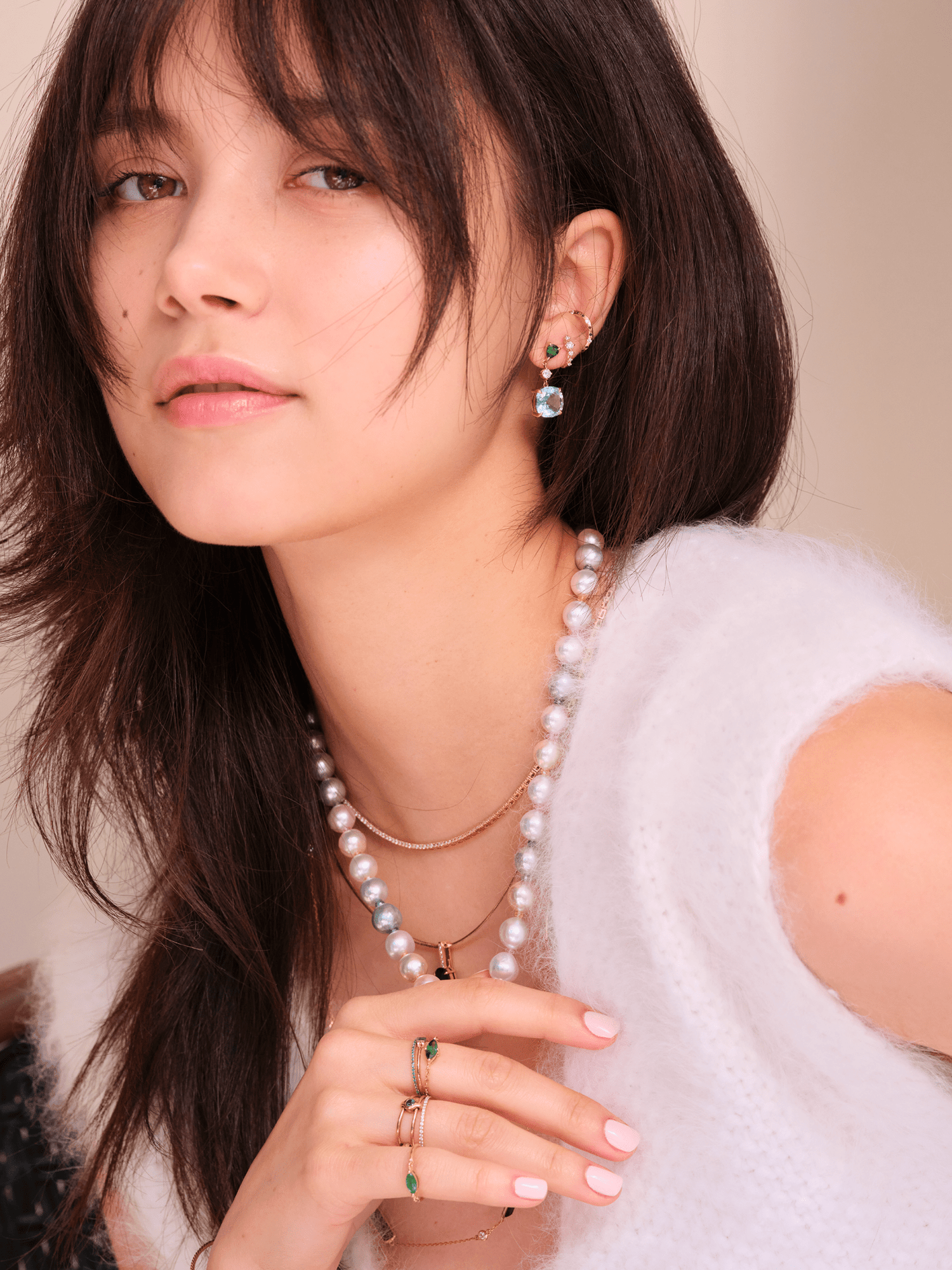 Rainbow Sapphire Akoya Candy Necklace 18K Gold Handmade Fine Jewelry on model-3