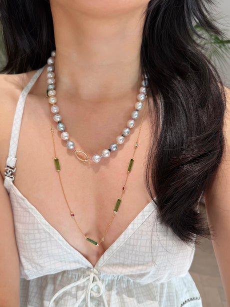 Rainbow Sapphire Akoya Candy Necklace on model 1