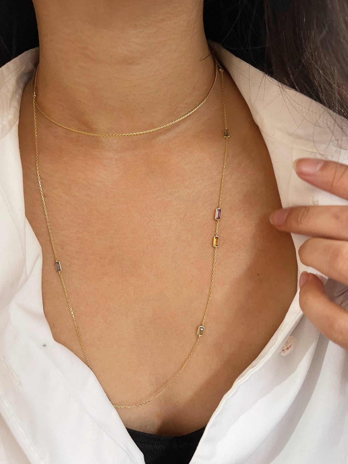 Rainbow Sapphire Candy Necklace 18k gold handmade fine jewelry on model