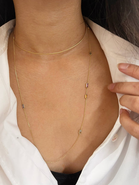 Rainbow Sapphire Candy Necklace 18k gold handmade fine jewelry on model