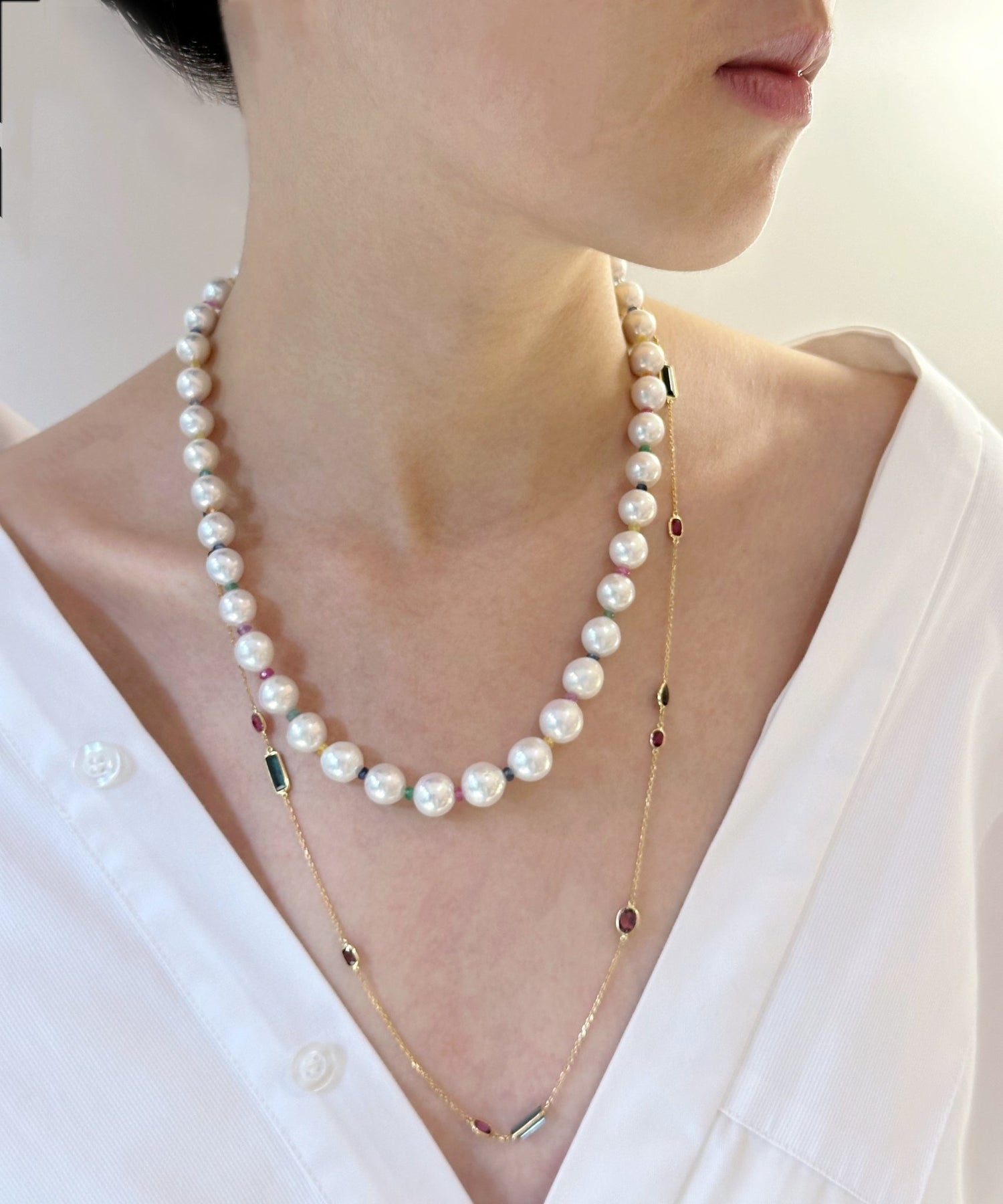Rainbow Sapphire & Emerald Candy Pearl Necklace 18K gold handmade fine jewelry on model 1