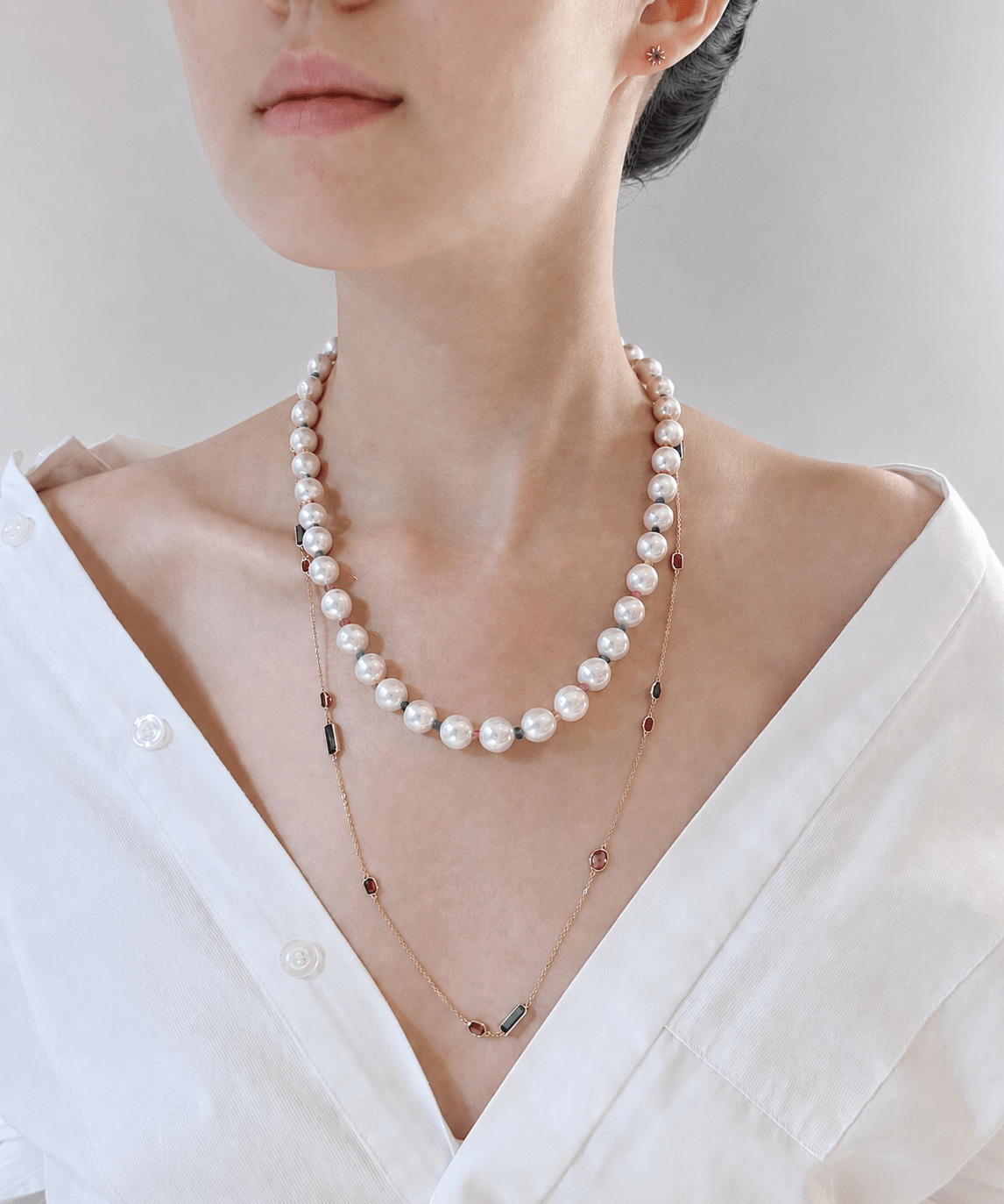 Rainbow Sapphire & Emerald Candy Pearl Necklace 18K gold handmade fine jewelry on model 2