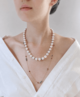Rainbow Sapphire & Emerald Candy Pearl Necklace 18K gold handmade fine jewelry on model 2