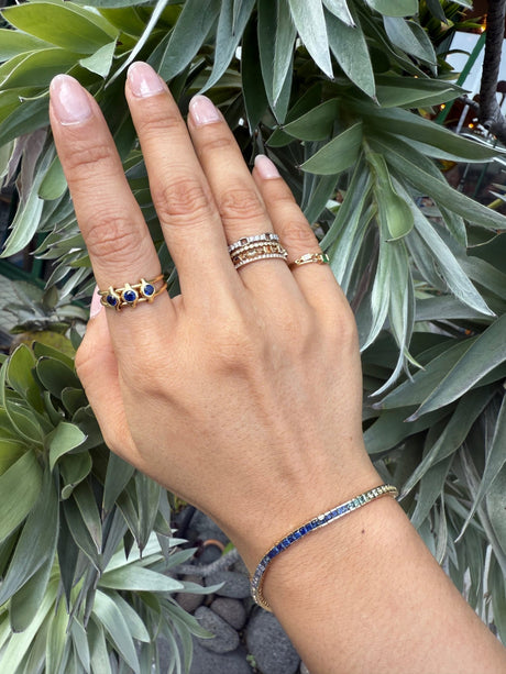 Rainbow Sapphire Tennis Bracelet 18k gold Stackable design on model