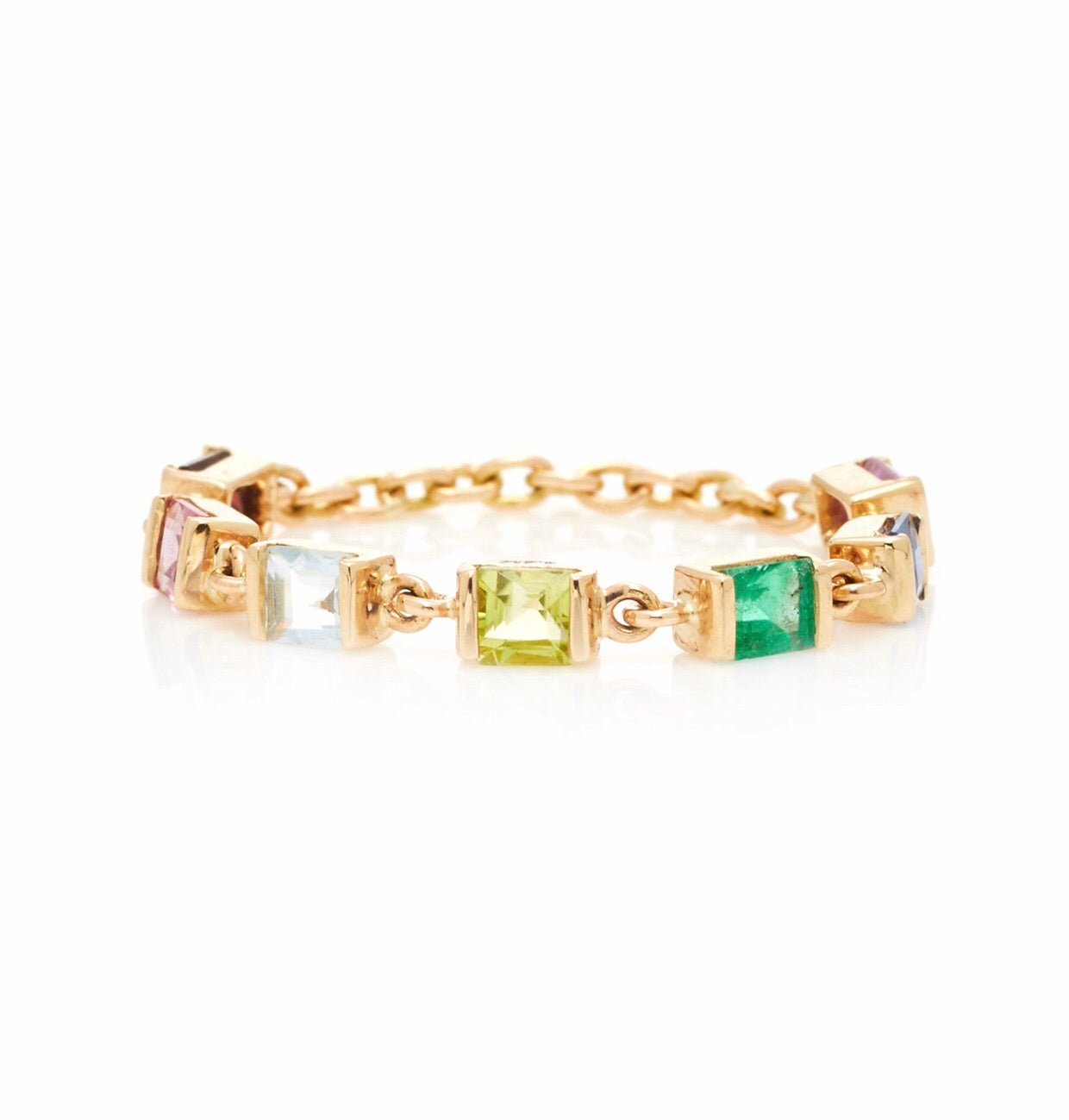 Rainbow Stones Chain Ring 14k gold Stackable ring side view