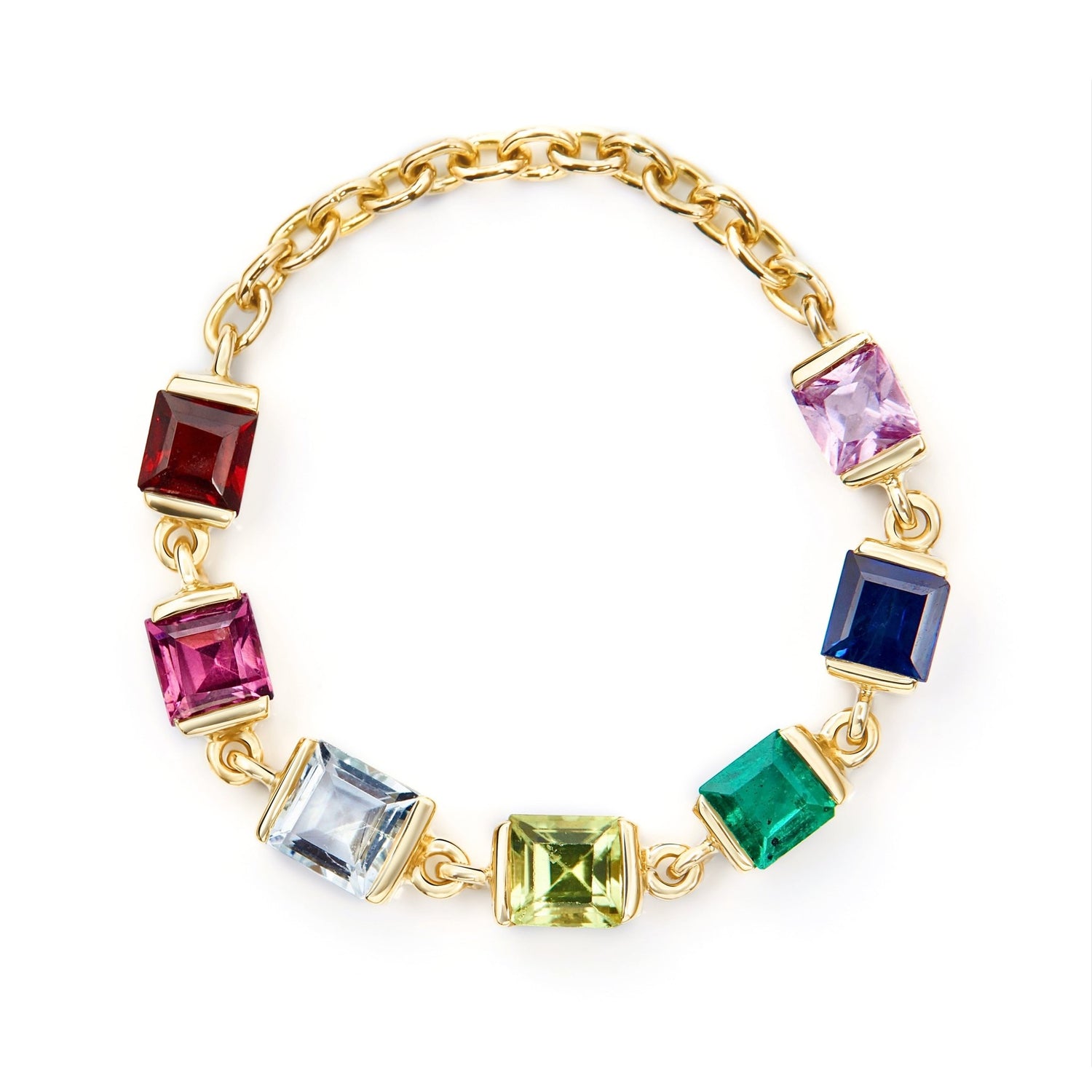 Rainbow Stones Chain Ring 14k gold Stackable ring top view