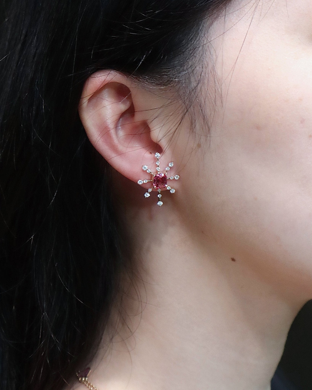 Raspberry_Pink_Spinel_Diamond_Starburst_Earrings_18k_gold_handmade_fine_jewelry_on_model_1