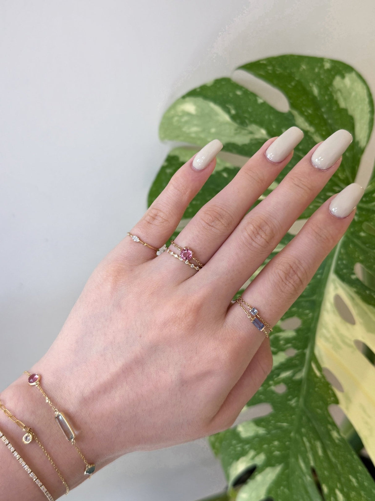 Raspberry Tourmaline Chain Ring 14k gold Stackable ring on hand