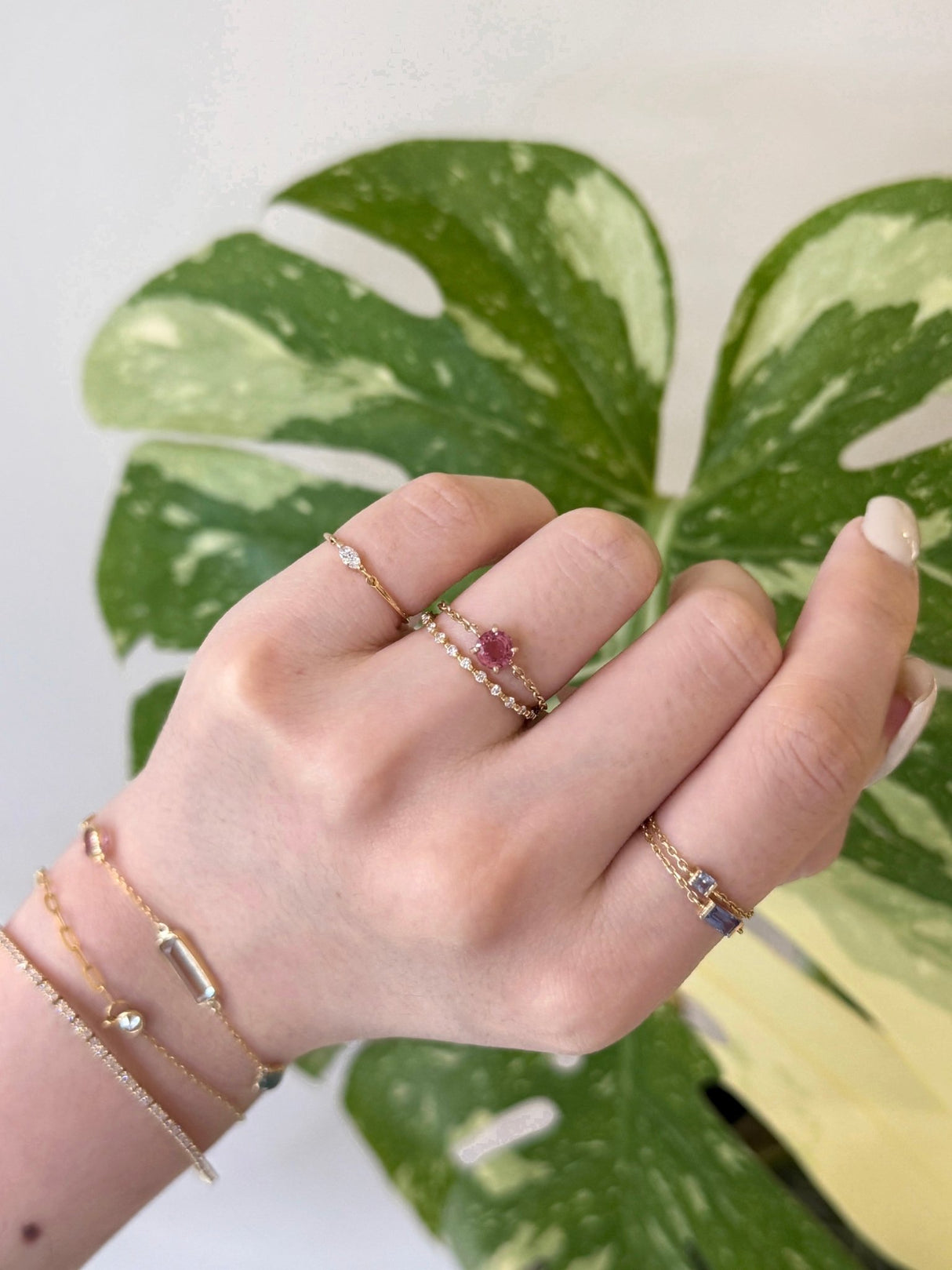 Raspberry Tourmaline Chain Ring 14k gold Stackable ring on model