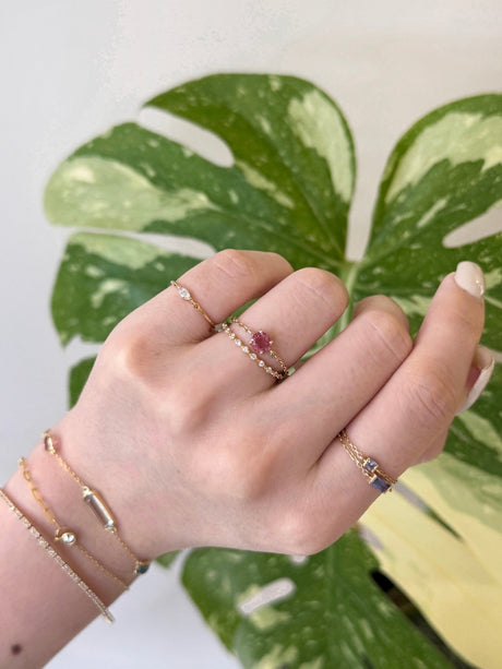 Raspberry Tourmaline Chain Ring 14k gold Stackable ring on model