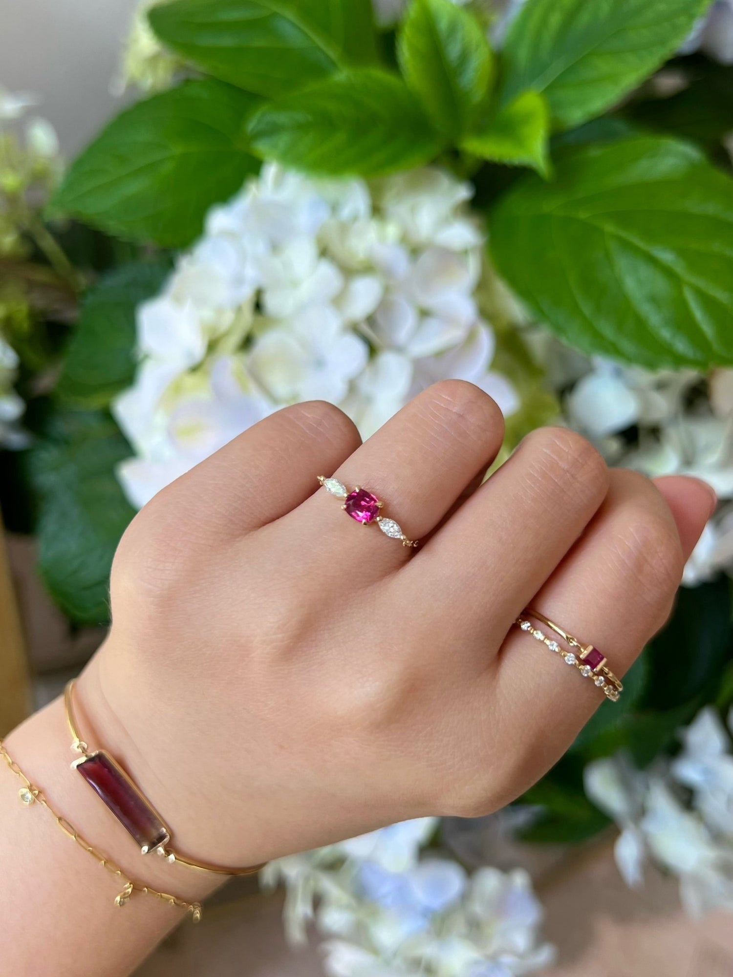 Red Spinel & Diamond Dream Weaver Chain Ring 18k gold Stackable ring on model