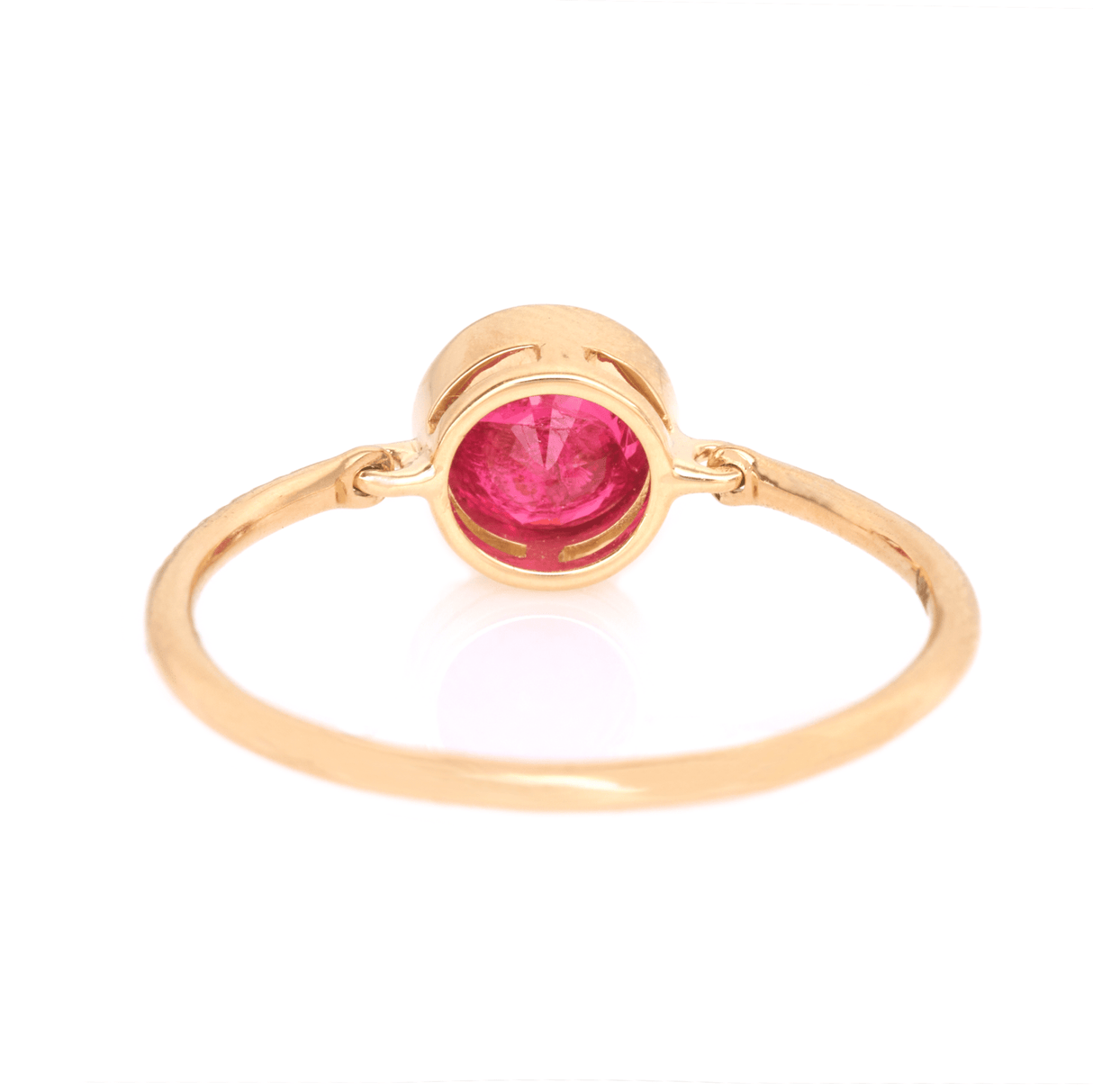 Red Spinel Petite Circle Diamond Ring 18k gold Stackable ring back view