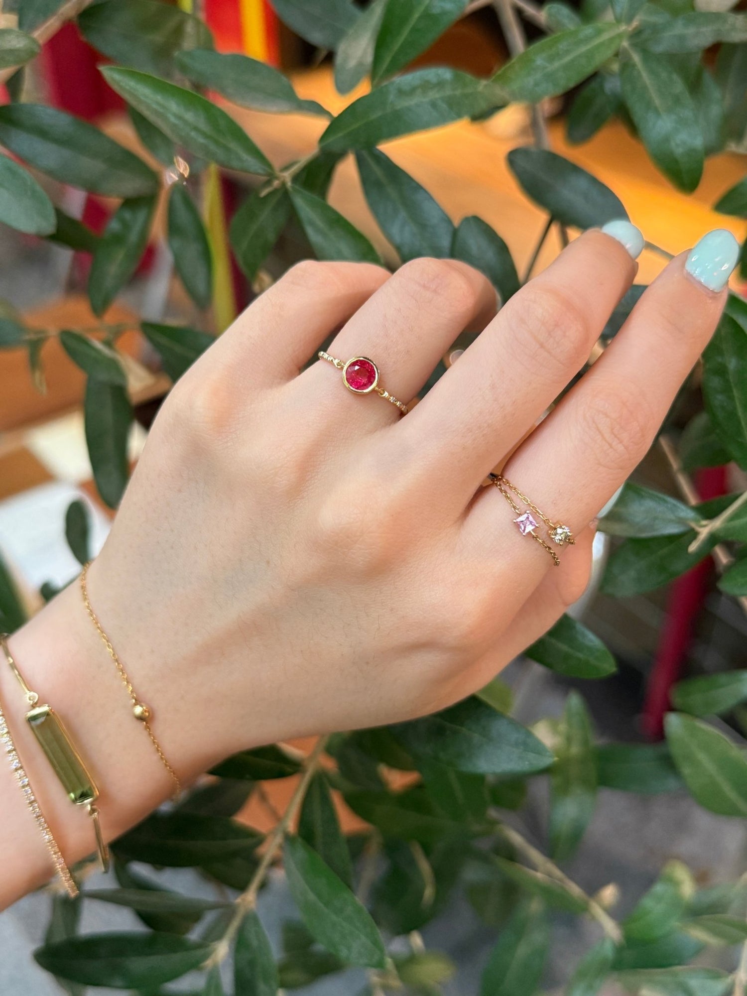 Red Spinel Petite Circle Diamond Ring 18k gold Stackable ring on model