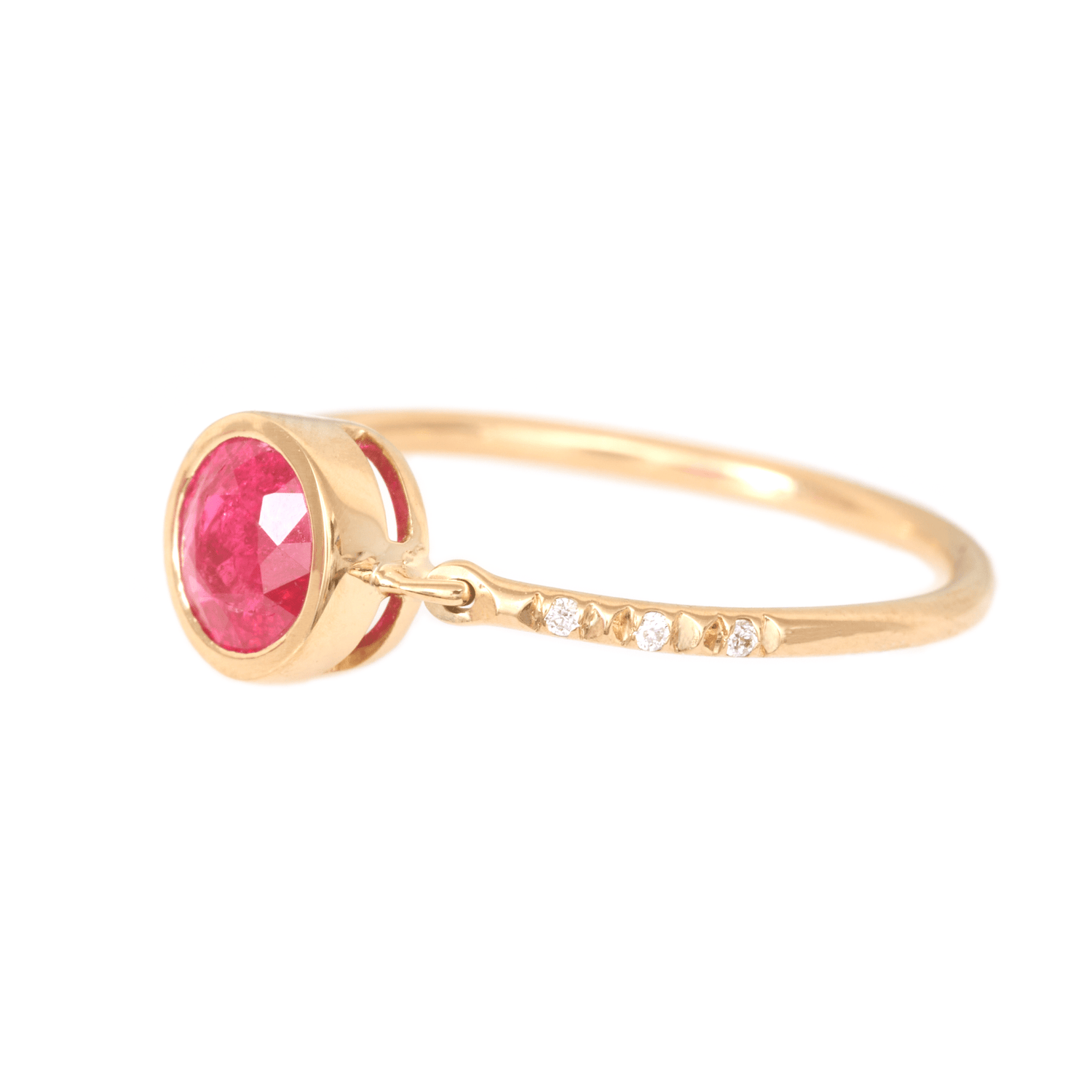 Red Spinel Petite Circle Diamond Ring 18k gold Stackable ring side view