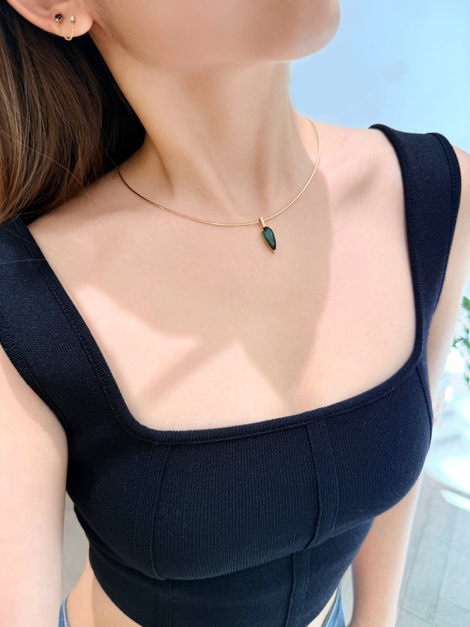 Reversible Gold Choker handmade Necklace 18k gold Stackable design with pendant on model