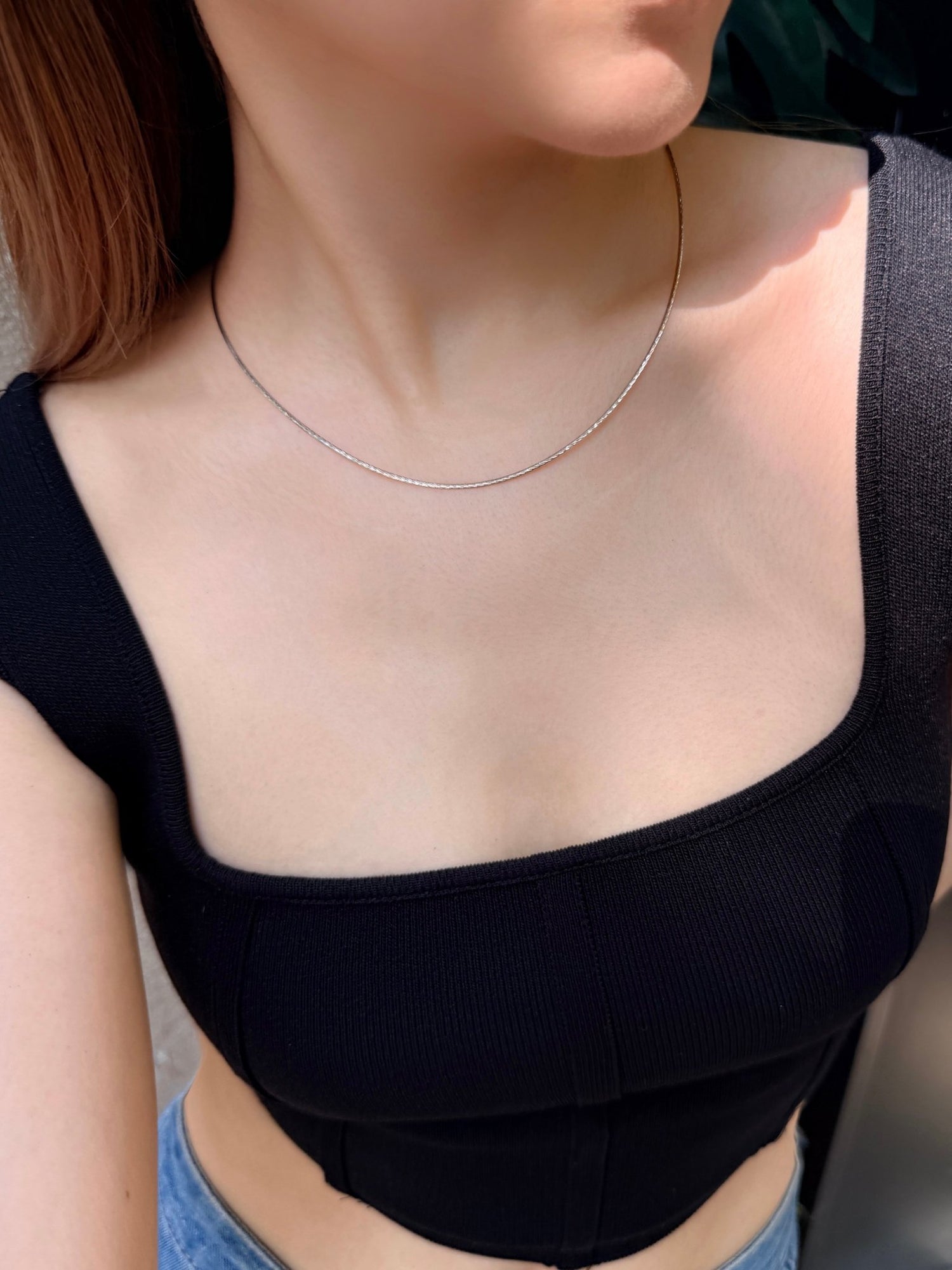 Reversible Gold Choker handmade  Necklace 18k white gold Stackable design  on model