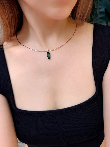 Reversible Gold Choker handmade Necklace 18k yellow gold Stackable design with pendant on model