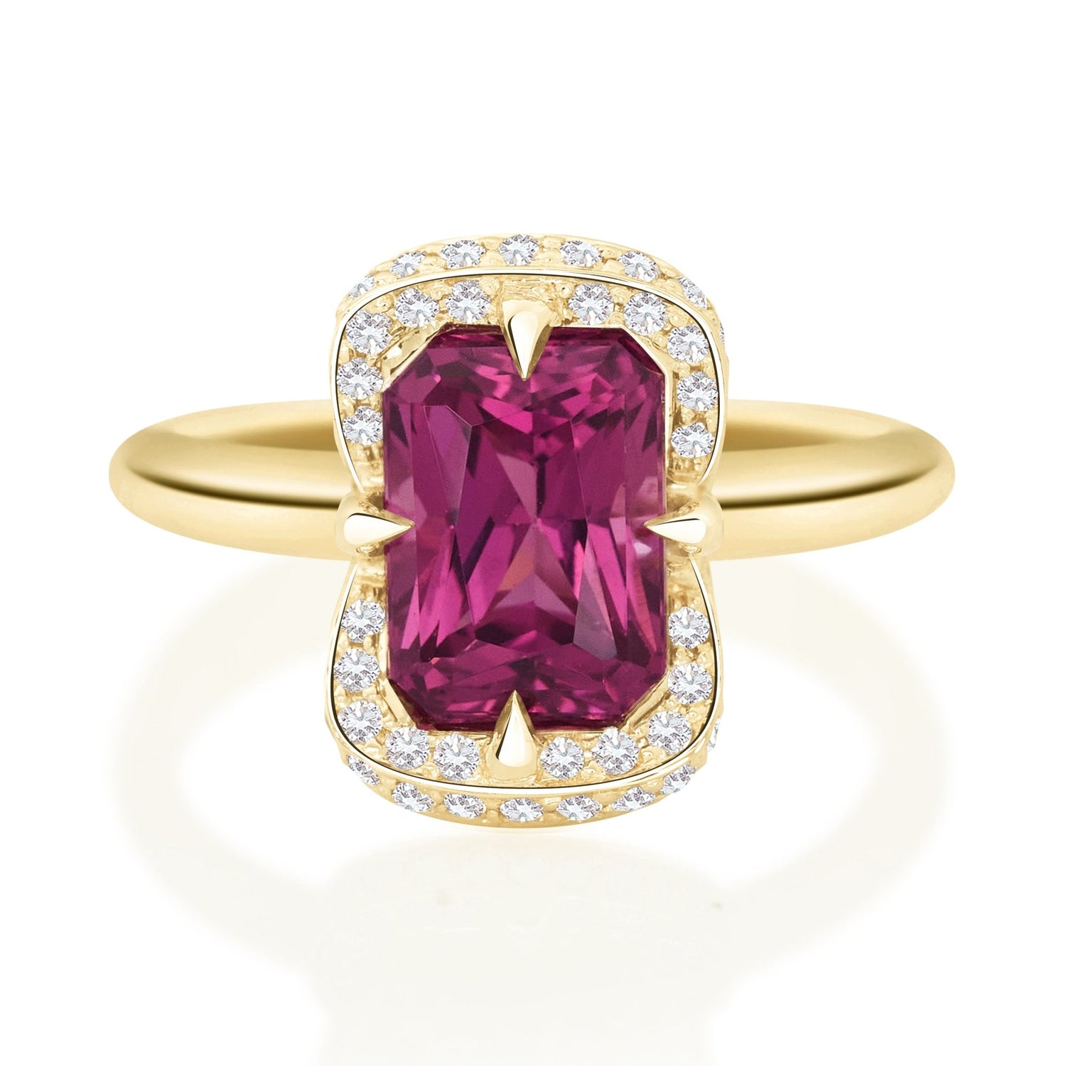 Rhodolite Radiant Aurora Ring 18K gold engagement ring