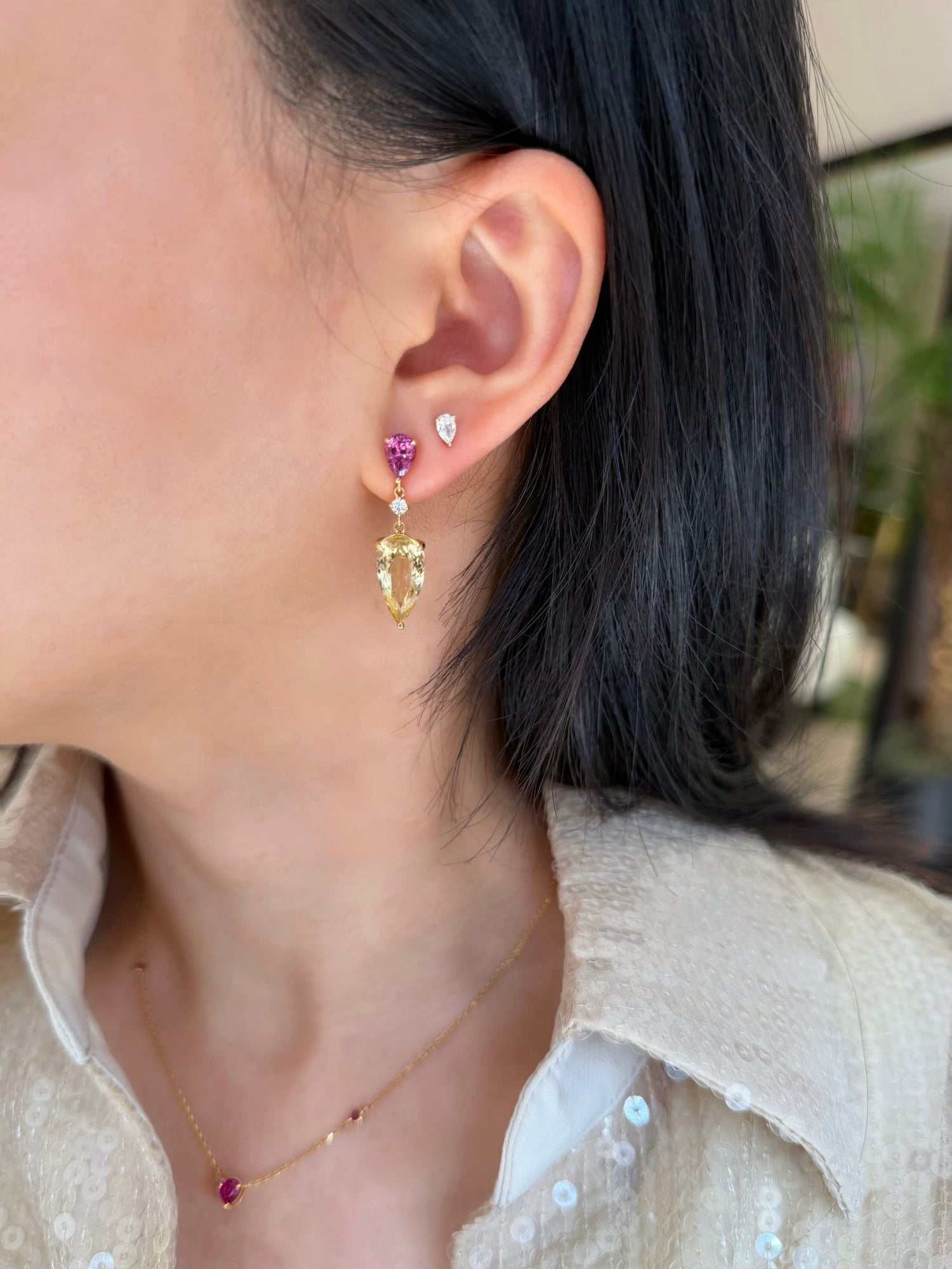 Rhodolite & Yellow Beryl Dewdrop Earrings 18K Gold Handmade Fine Jewelry on model