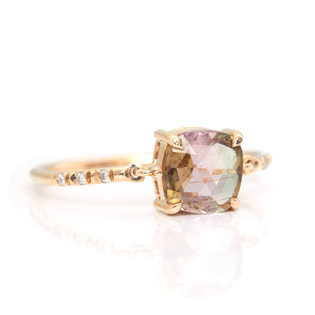Rose Cut Tourmaline Petite Diamond Ring 14k gold stackable ring side view